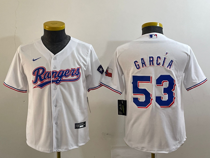 Youth Texas Rangers #53 Adolis García White With Patch Stitched Baseball Jersey